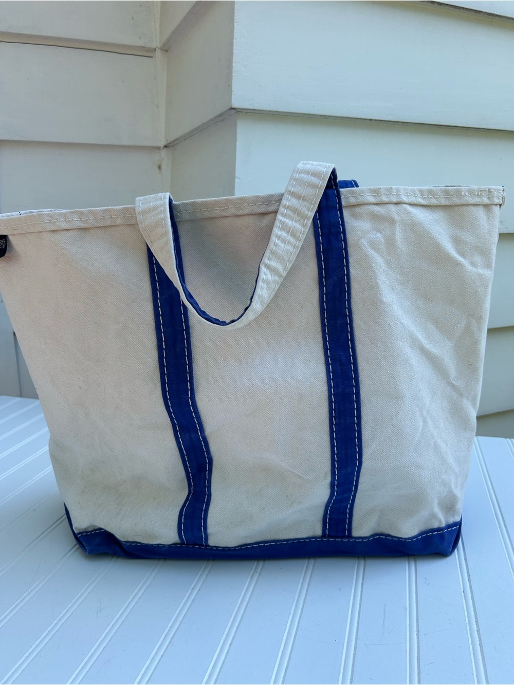 Vintage Lands' End Tote Natural Canvas Bag Blue Handle Boat Beach Large 22x15